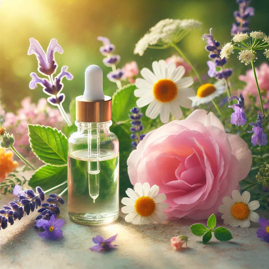 A serene and healing-themed photo representing flower essence therapy. The image includes a small glass dropper bottle with flower essence, surrounded